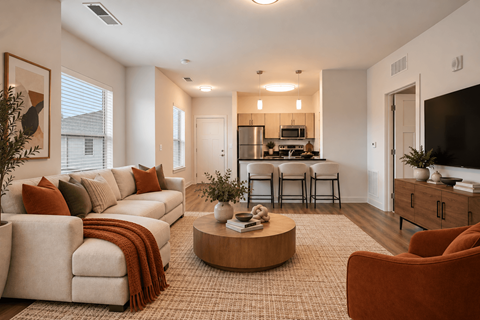 A living room with a white couch and a brown coffee table.
