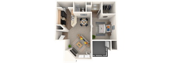 A 3D floor plan of a small apartment with a living room, kitchen, and bedroom.