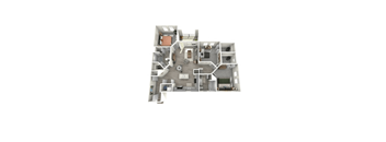 A 3D floor plan of a house with a kitchen, living room, and bathroom.