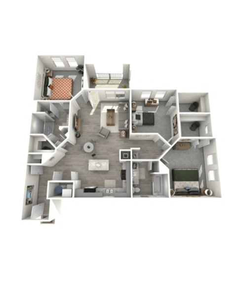 A 3D floor plan of a house with a kitchen, living room, and bathroom.