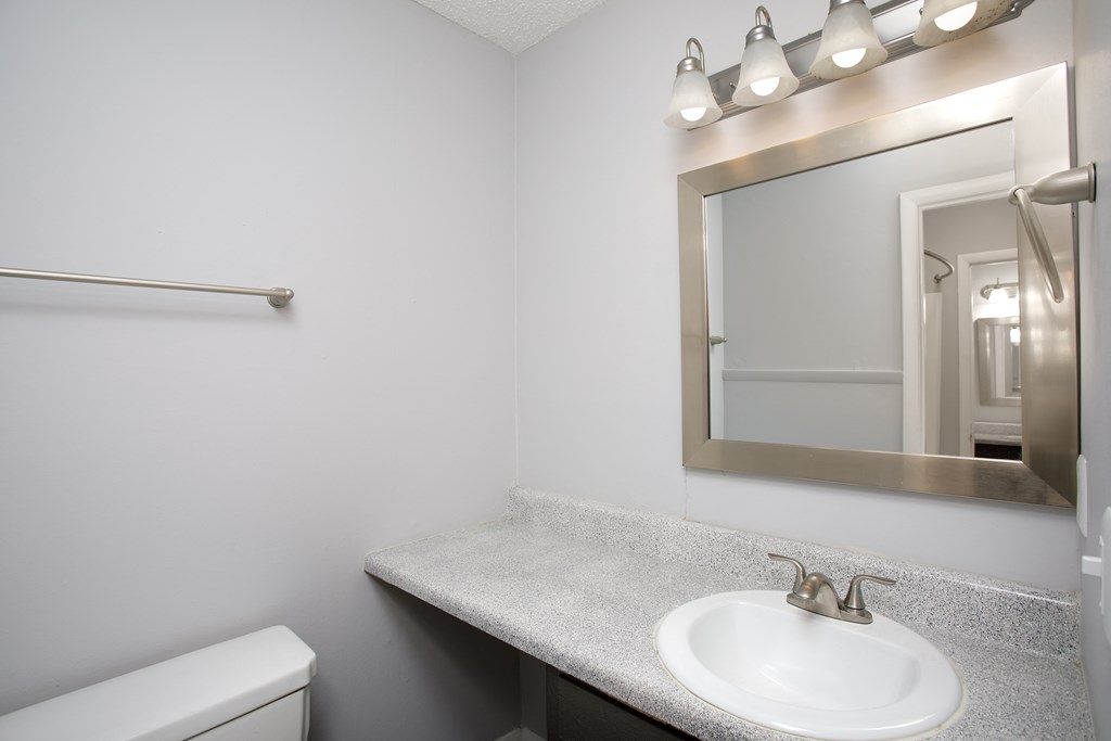 a bathroom with a sink and mirror