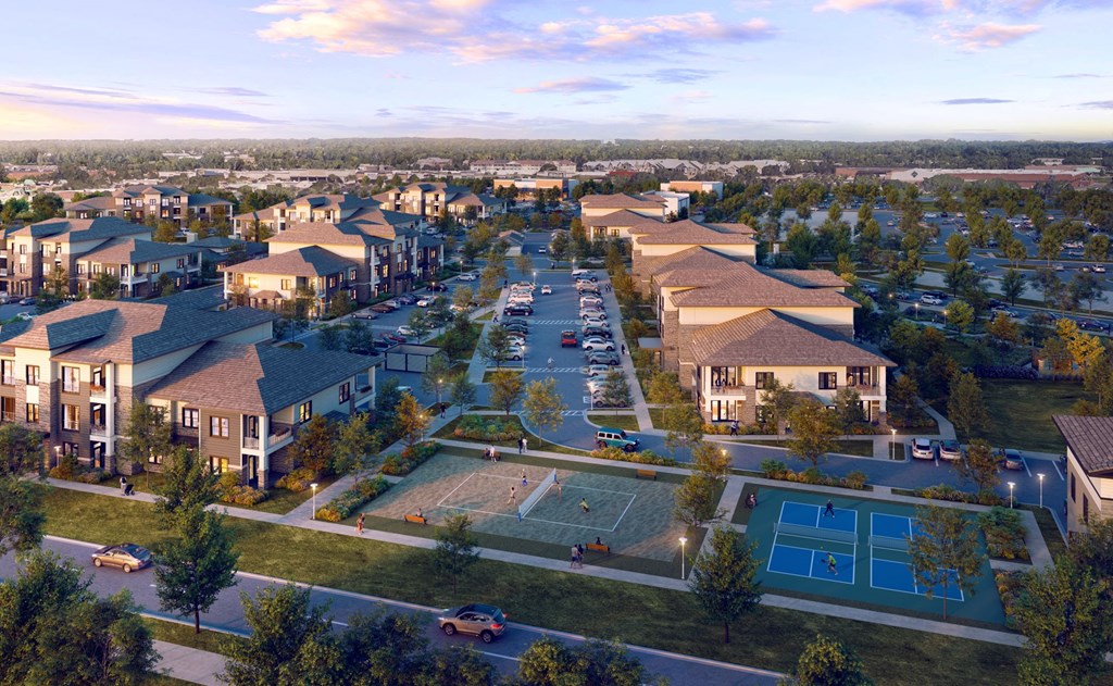 a rendering of a neighborhood with houses and a tennis court