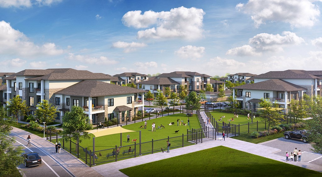 a rendering of a park in front of houses