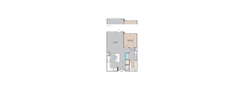 A floor plan of a living area with a bedroom and bathroom.