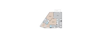 A floor plan of a house with two bedrooms, a living area, a closet, a bathroom, a kitchen, and an entry point.