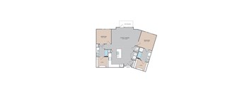 A floor plan of a house with two bedrooms, a living/dining area, a kitchen, a bathroom, and a closet.