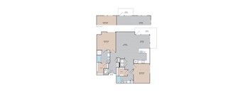 A floor plan of a house with two bedrooms, a living area, a dining area, a bathroom, a kitchen, a laundry area, and a garage.