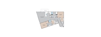 A floor plan of a house with two bedrooms, a living area, and a closet.