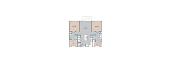 A floor plan of a two bedroom apartment with a living room in the middle.