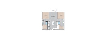 A floor plan of a house with two bedrooms, a living room, a dining room, a kitchen, a bathroom, a coat room, a cloakroom, and an entry.