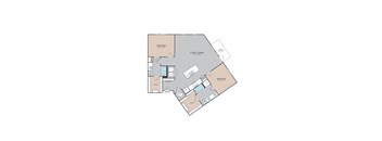 A floor plan of an apartment with two bedrooms, a living room, a dining room, a kitchen, an entry, a mudroom, and a closet.