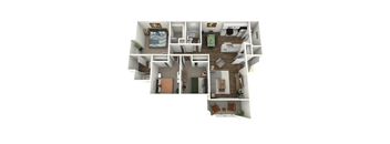 A 3D floor plan of a house with multiple rooms and furniture.