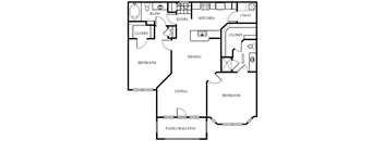 Entry to the left is open-concept kitchen and laundry closet, to the right is bathroom. Dining into living room then balcony. Bedroom 1 with bathroom, stand-up shower, walk-in closet. Bedroom 2 with walk-in closet, one storage closet, bathroom access.