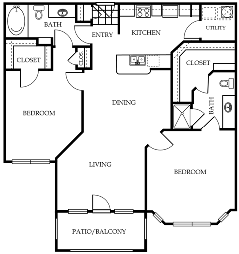 Entry to the left is open-concept kitchen and laundry closet, to the right is bathroom. Dining into living room then balcony. Bedroom 1 with bathroom, stand-up shower, walk-in closet. Bedroom 2 with walk-in closet, one storage closet, bathroom access.