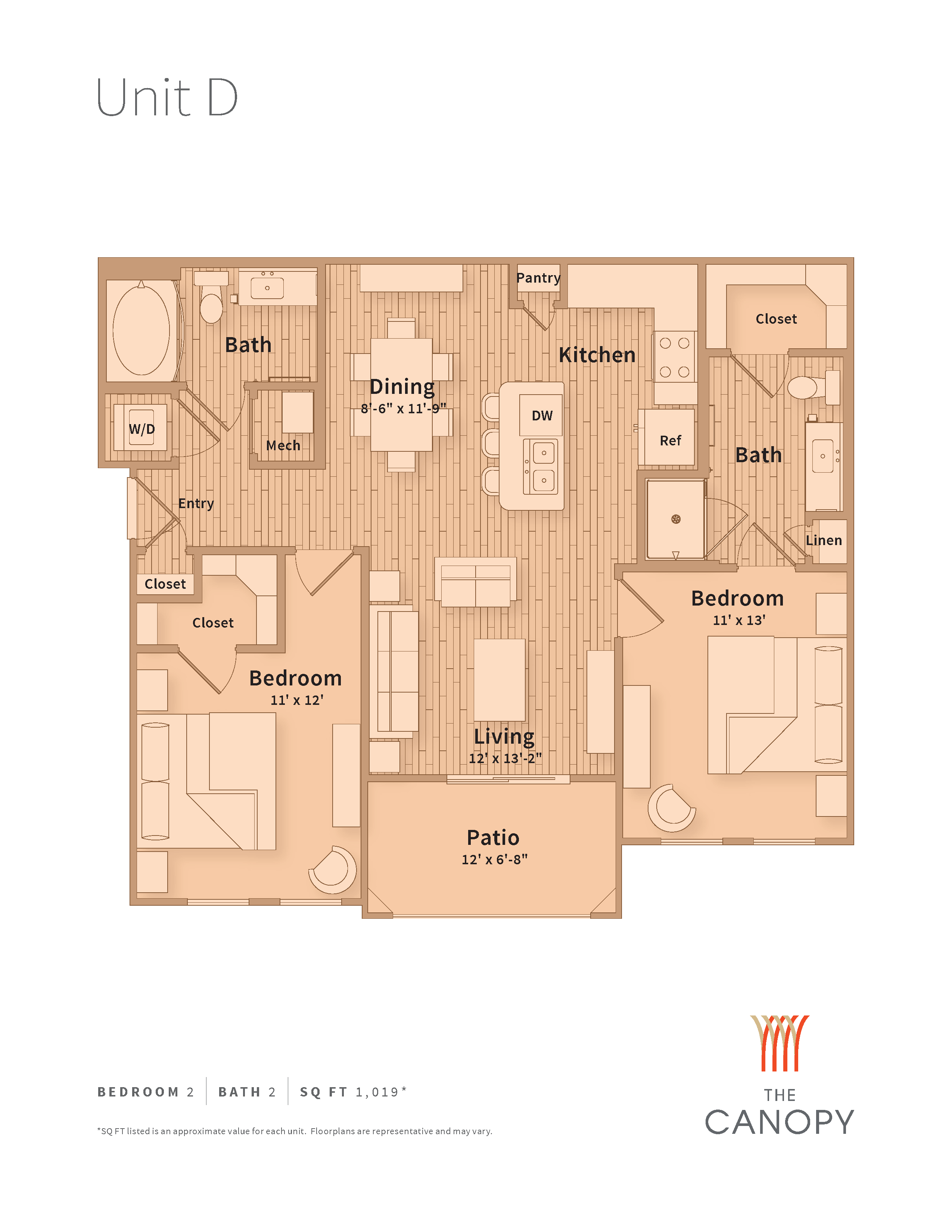 A floor plan of a unit with a living room, dining room, kitchen, two bedrooms and two bathrooms.