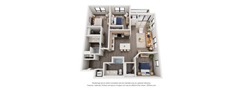A 3D floor plan of a small apartment with a kitchen, living room, and bedrooms.