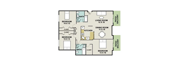 A floor plan of a house with two bedrooms, a living room, a dining room, a kitchen, and two bathrooms.
