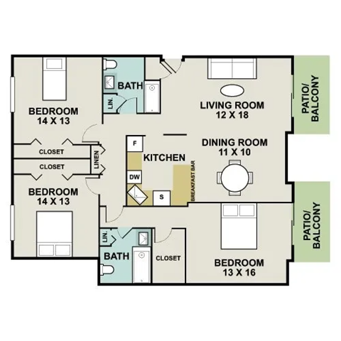 A floor plan of a house with two bedrooms, a living room, a dining room, a kitchen, and two bathrooms.