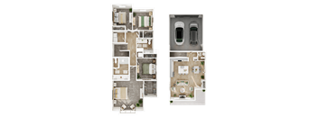 A floor plan of a house with two cars parked in the garage.