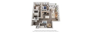 A 3D floor plan of a house with a kitchen, living room, and bedrooms.