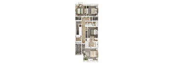 A floor plan of a house with a living room, kitchen, and two bedrooms.