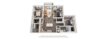 A 3D floor plan of a house with a kitchen, living room, and two bedrooms.