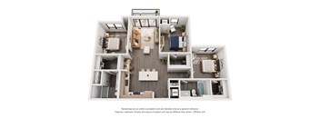 A 3D floor plan of a house with a kitchen, living room, and two bedrooms.