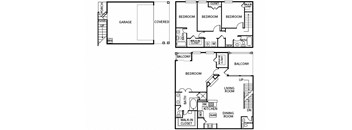 A floor plan of a house with a garage, three bedrooms, a living room, a dining room, a powder room, a kitchen, and a balcony.