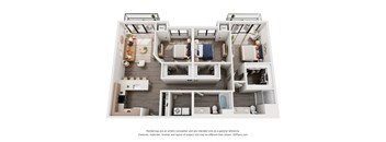 A 3D floor plan of a house with labeled rooms.