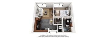 a stylized floor plan with a bedroom and a living room