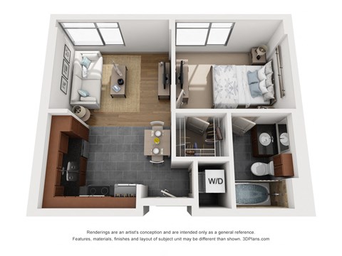 a stylized floor plan with a bedroom and a living room