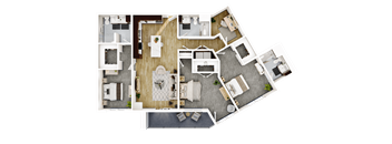 A top-down view of a house layout with a kitchen, living room, dining area, and bathrooms.