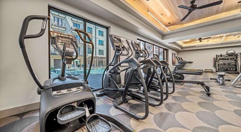 A gym with treadmills and elliptical machines.