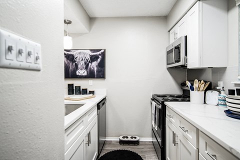 a kitchen with white cabinets and a stove and a microwave