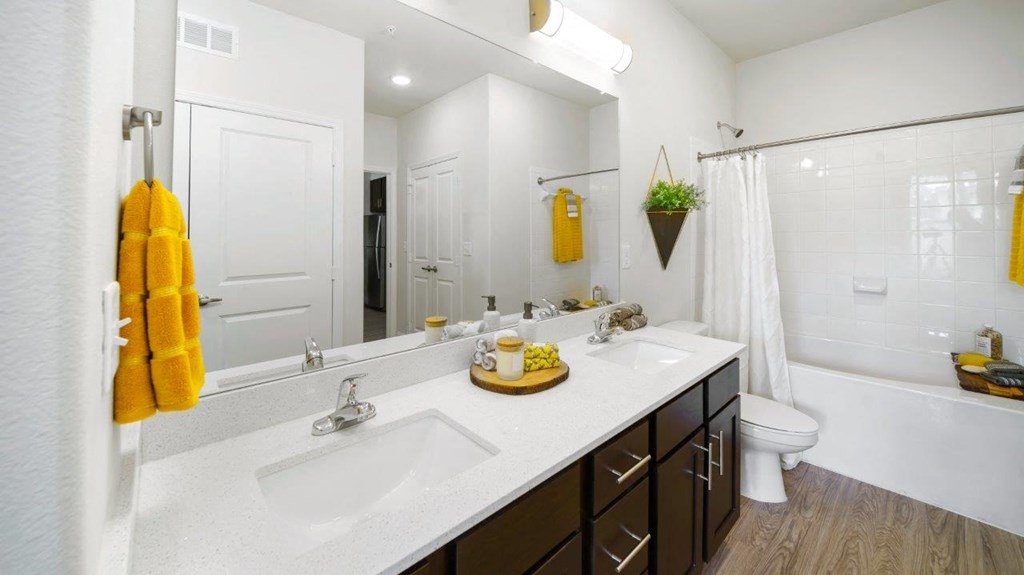 a bathroom with two sinks and a toilet