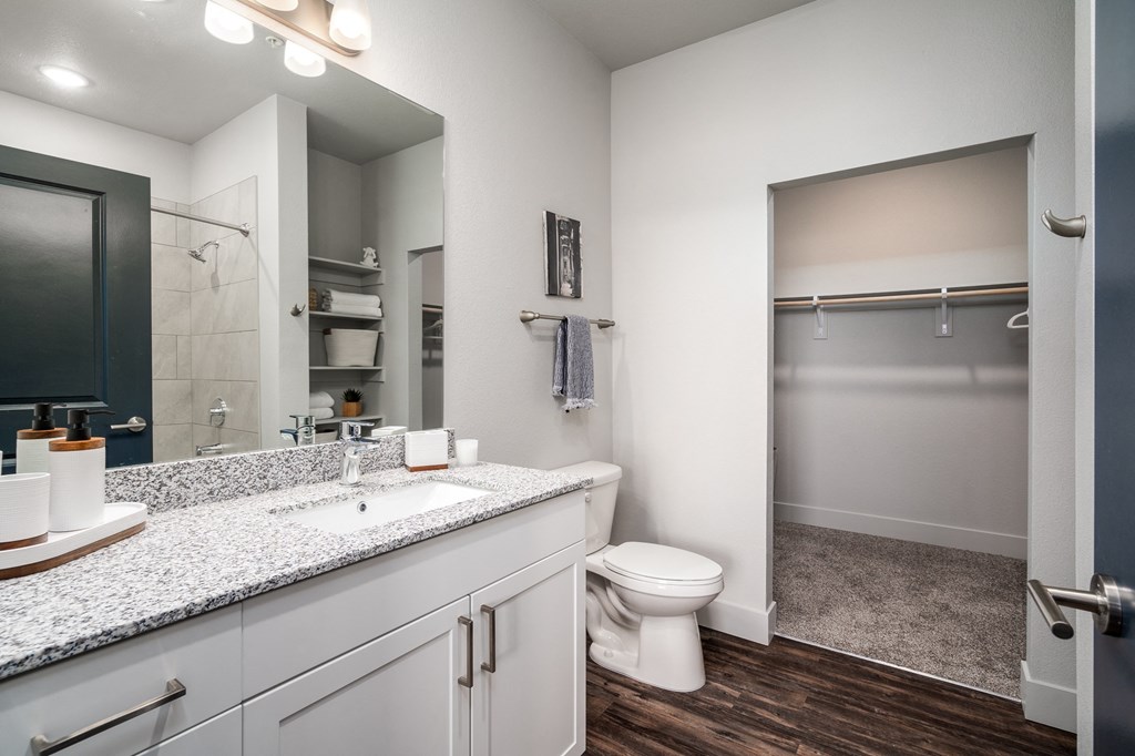 a bathroom with a toilet sink and shower and a mirror