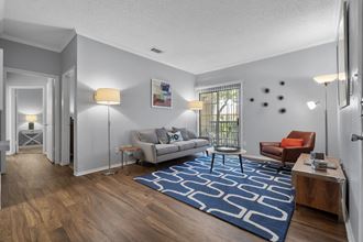 a living room with a couch and a rug