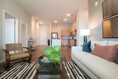 A living room with a white couch, a wooden chair, and a glass coffee table with a green plant on it.