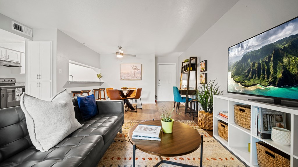 a living room with a couch a coffee table and a tv