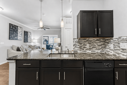 A kitchen with black cabinets and a stone countertop.