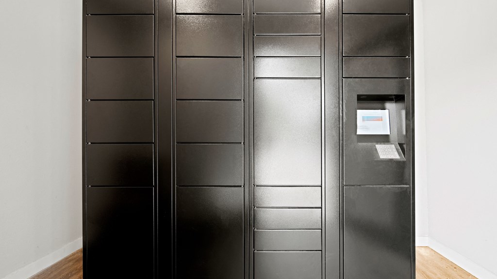a row of black lockers in a room