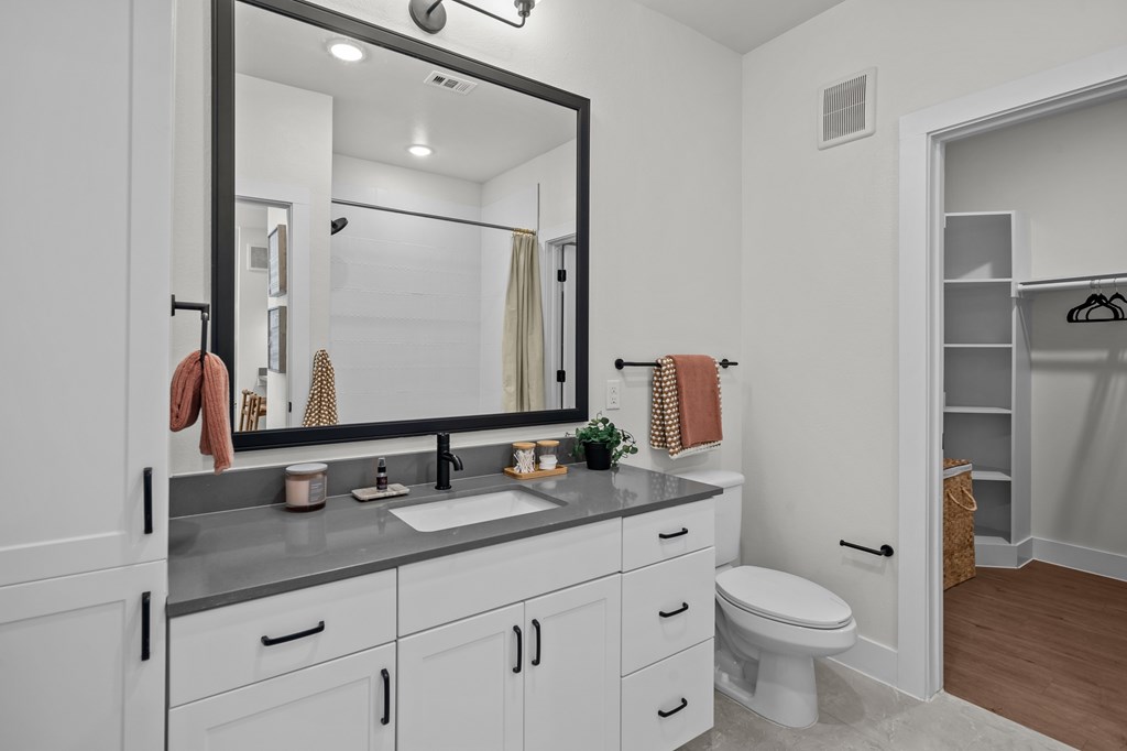 A bathroom with a sink, mirror, and toilet.