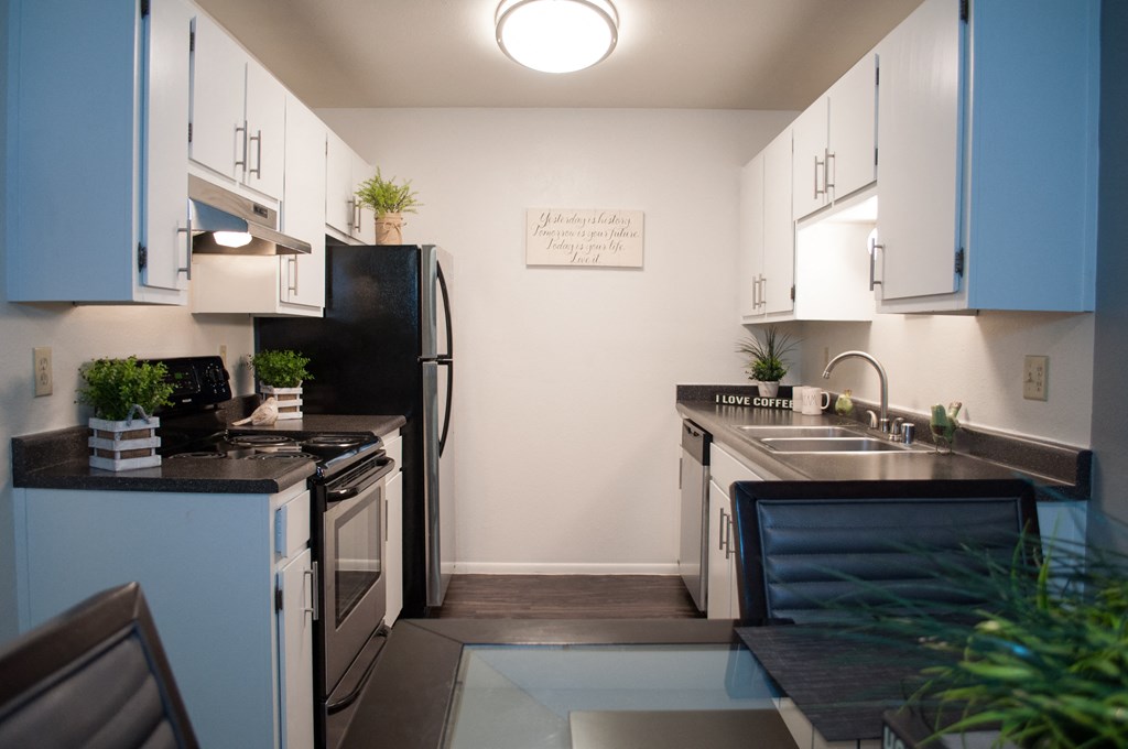 a kitchen with blue and white cabinets and a black stove and refrigerator