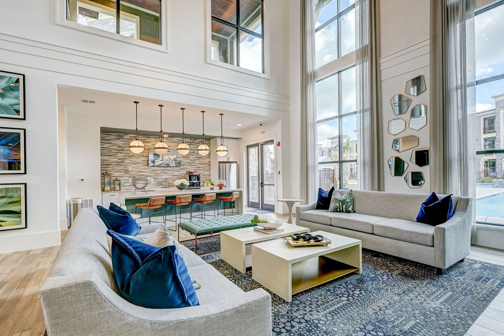 Clubhouse couch area with kitchen