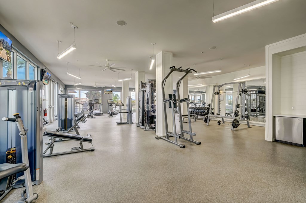 A spacious gym with a variety of equipment.