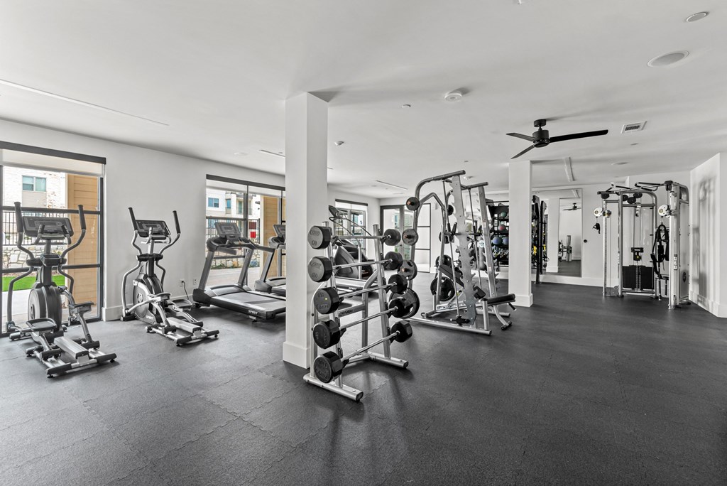 A spacious gym with a variety of equipment.