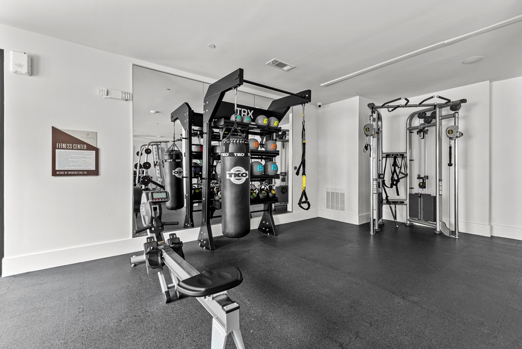 A gym with a variety of equipment including a squat rack, bench, and weights.