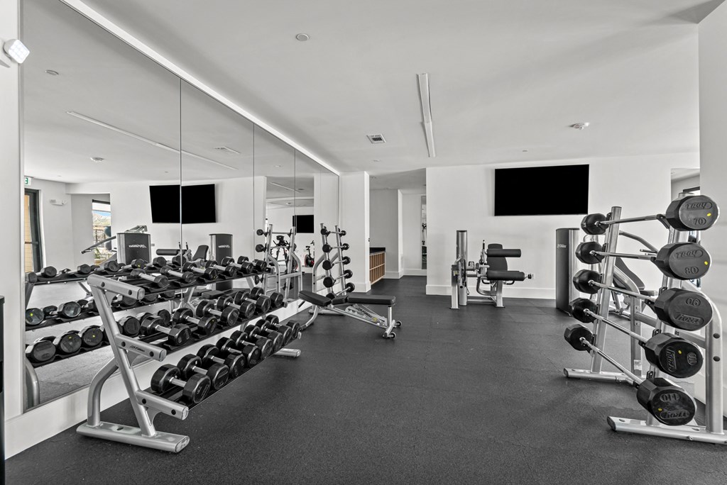 A well-equipped gym with mirrors on the wall.