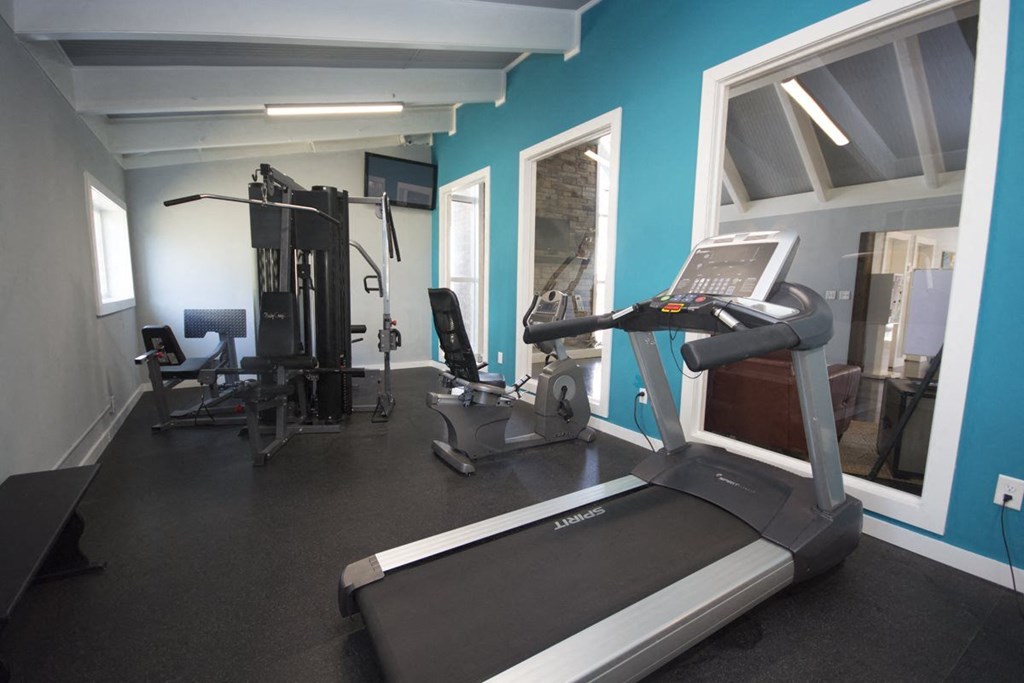 a gym with a treadmill and other exercise equipment