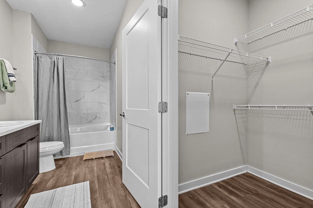 A white door is open to a walk-in closet.